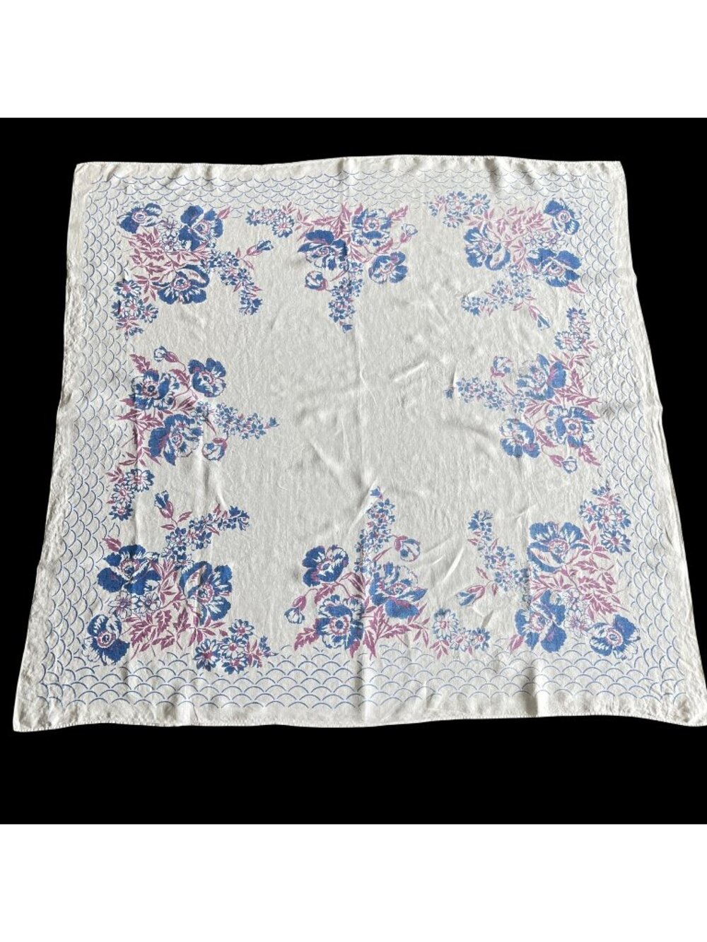 Vintage Cotton Floral Tablecloth 49" Square // Blue and Purple Floral Design